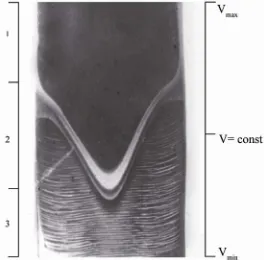 Figure 1. Standard pattern of distribution of grown-in mi-crodefects in dislocation-free silicon single crystals grown by the Czochralski method with a variable rate of growth (Vmin = 0.5 mm/min; Vmax = 3.0 mm/min; diametr is the 50 mm)