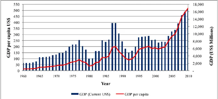 Figure 2.2 shows the GDP growth of Uganda’s economy from 1962- 2010 in US dollars. 