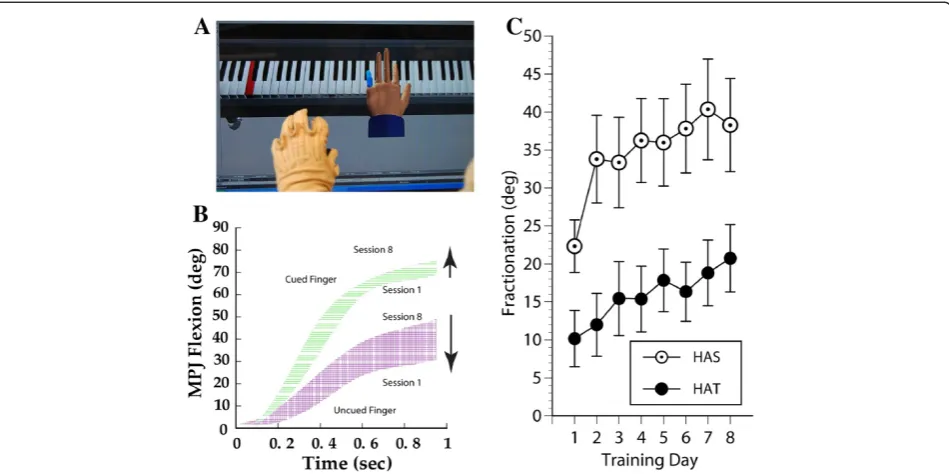 Figure 2 Virtual piano trainer. A: NJIT TrackGlove system, with the subject’s hand in the foreground and a screenshot of the Virtual PianoTrainer simulation in the background