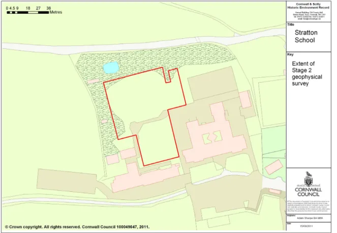 Fig 2. The extent of the survey area within the grounds of Stratton School. 
