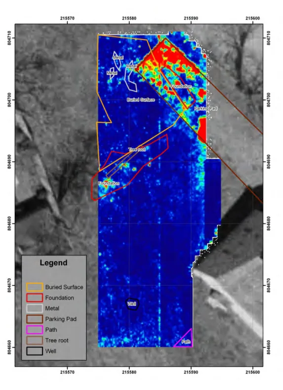 Figure	
  10.	
  GPR	
  slice	
  1	
  of	
  the	
  500	
  MHz	
  data	
  at	
  0-­‐7	
  cm	
  bgs.	
  	
  Strong	
  reflectors	
  are	
  in	
  red.	
  	
  Suggested	
  