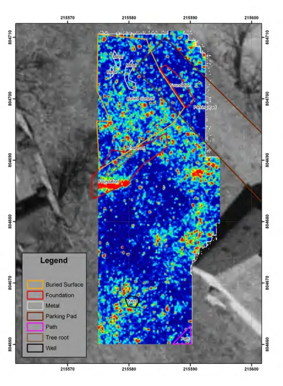 Figure	
  16.	
  GPR	
  slice	
  6	
  of	
  the	
  500	
  MHz	
  data	
  at	
  18-­‐25	
  cm	
  bgs.	
  	
  Strong	
  reflectors	
  are	
  in	
  red.	
  Suggested	
  