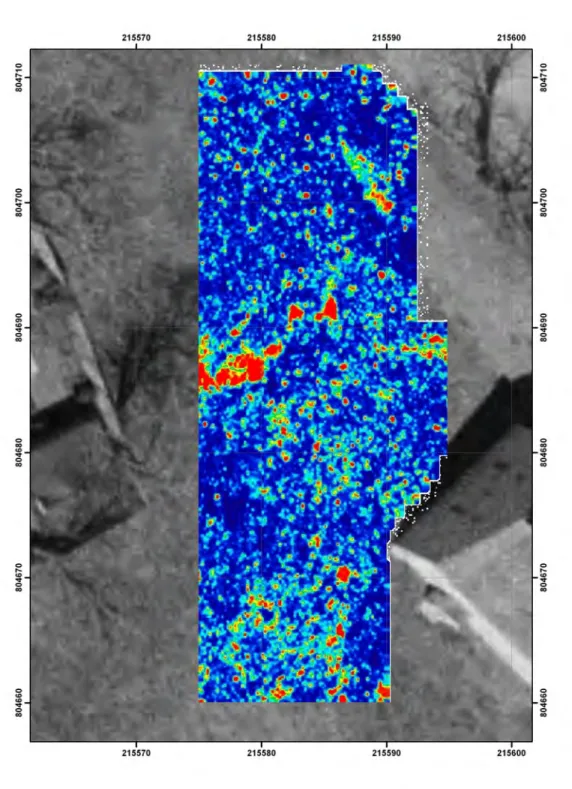 Figure	
  17.	
  GPR	
  slice	
  8	
  of	
  the	
  500	
  MHz	
  data	
  at	
  24-­‐32	
  cm	
  bgs.	
  	
  Strong	
  reflectors	
  are	
  in	
  red.	
  