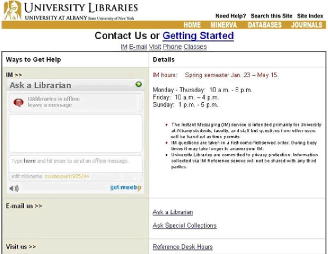 Figure 1. Meebo Me application on &#34;Contact Us&#34; webpage of University Libraries at  University at Albany
