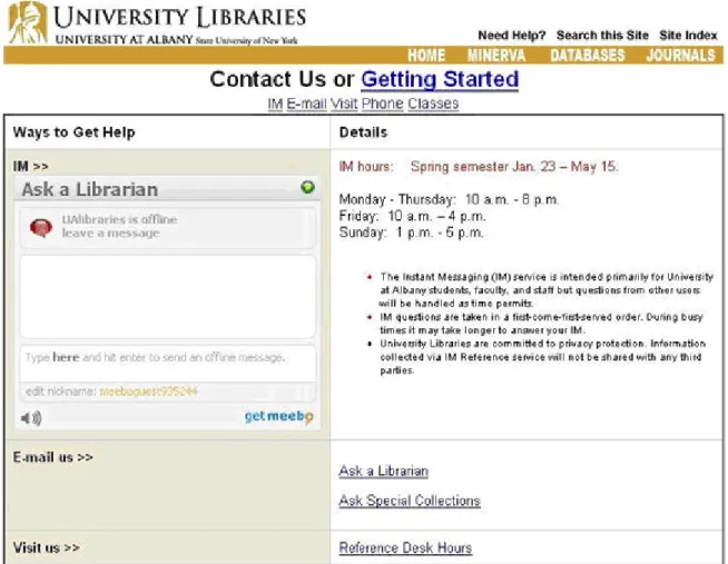 Figure 1. Meebo Me application on "Contact Us" webpage of University Libraries at  University at Albany