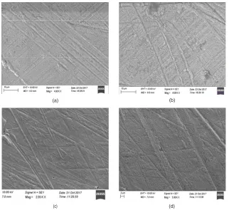 Fig. 4. SEM images for electrodeposited Ni-Co-Cr thin film for different current density  (a) 2 mA/cm2 (b) 3 mA/cm2 (c) 4 mA/cm2 (d) 5 mA/cm2