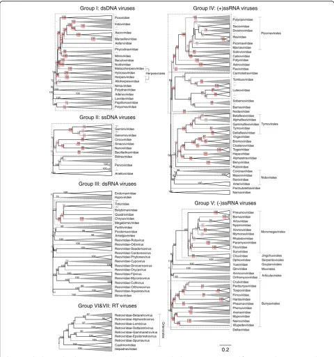Fig. 2 Virus dendrograms based on composite Jaccard distances. UPGMA dendrograms were constructed from pairwise distance matrices shownThose in black (with pruned signature tables, and for these, the derived clade support values are shown in red (annotated