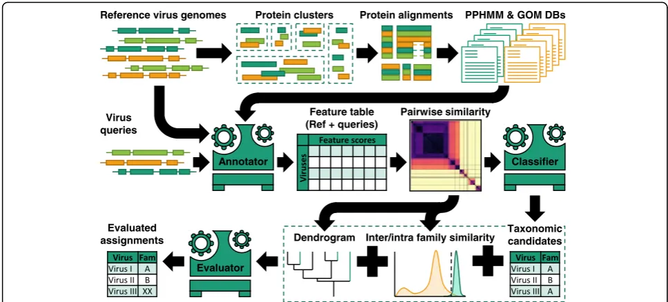 Fig. 4 Overview of virus taxonomy prediction by GRAViTy. Schematic diagram of the processing steps used to construct classifiers based onthe classifier to identify taxonomic candidates for each query using the 1-nearest neighbour algorithm