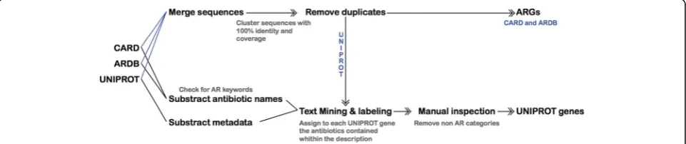 Fig. 2 Preprocessing and UNIPROT ARGs annotation. Antibiotic resistance genes from CARD, ARDB, and UNIPROT were merged and clustered toremove duplicates