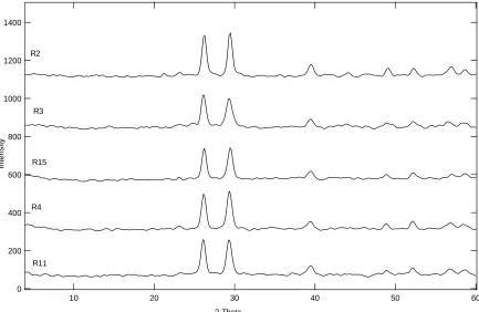 Figure 3. XRD patterns of CuO nanoparticles for R2, R3, R11 and R15 samples. 