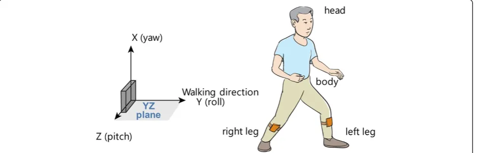 Figure 1 The definition of direction for 3-axis gyro-sensor and sensor position attached to the body.
