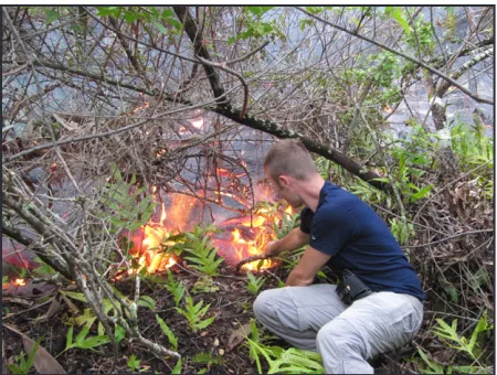 Figure 6.  A modern example of a hominin lighting a stick by placing it on an active lava flow (photo by Dan Donato).