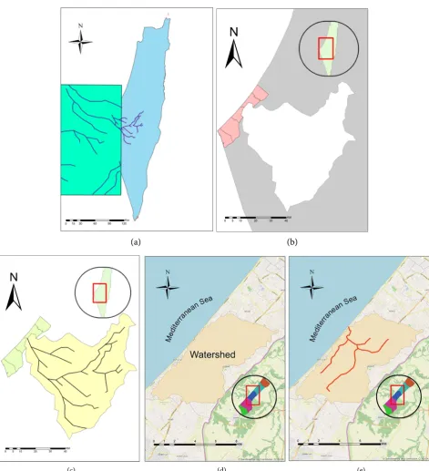 Figure 6. (a) Flow accumulation; (b) watershed; (c) stream orders; (d) Gaza watershed; (e) Gaza stream orders.