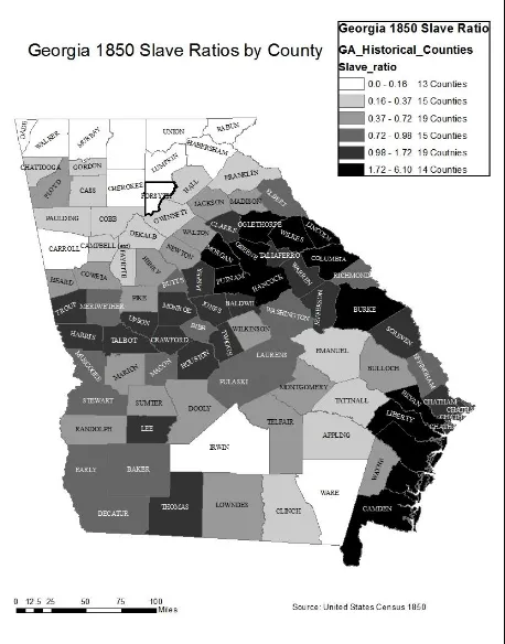 Figure 2.3 Map of Georgia reflecting the distribution of slaves in 1850 using the Slave Ratio parameter