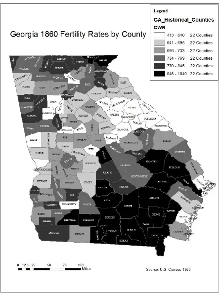 Figure 3.10 Map of the 1850 fertility rates in Georgia by county. Source: U.S. Census 1850
