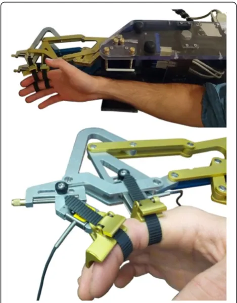Figure 8 FINGER assembly. FINGER robot with two 8-bar fingercurling mechanisms and two actuators (top), and close-up of indexand middle fingers attached to the robot (bottom)