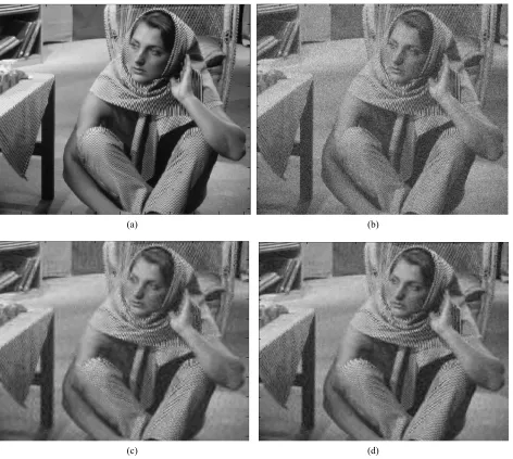 Figure 7. Comparison of DCHWT and ADCHWT for image with I/P – SNR = 22 dB. (a) Clean Image, (b) Noisy image, (c) DCHWT, (d) ADCHWT