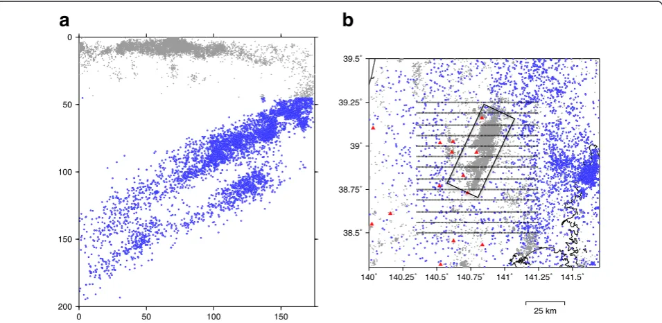 Figure 2 Distribution of earthquakes used in this study. (a) Vertical E-W cross section