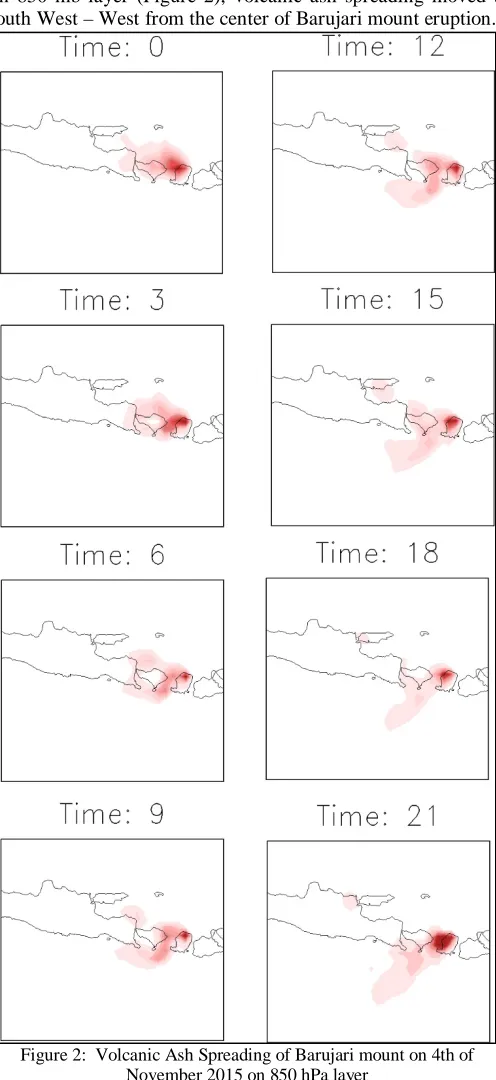 Figure 2:  Volcanic Ash Spreading of Barujari mount on 4th of November 2015 on 850 hPa layer 