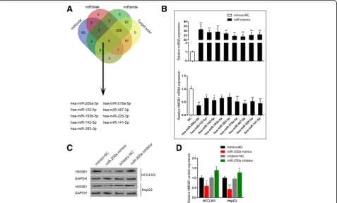 Fig. 3 miR-200a could negatively regulate HMGB1 expressionto screen out the candidate upstream miRNAs of HMGB1.respectively