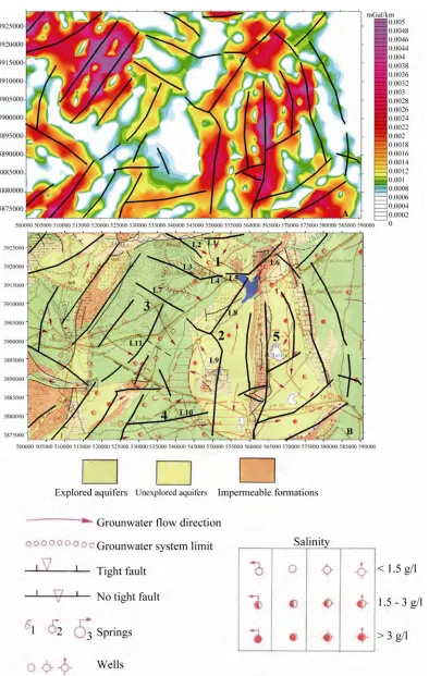 Figure 9. The structural lineaments after the Horizontal Gravity Gradient map (A) and their surimposition on the Sidi Bouzid hydrogeological map (B)