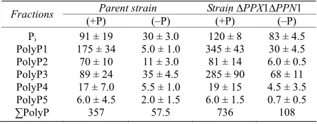Table 1. The content of Pi and PolyP (µmol/g of dry biomass) in the cells of S. cerevisiae at stationary growth stage in the YPD medium (+Р) (20 mM Рi) and YPD medium (–P) (0.05 mM Рi) with glucose