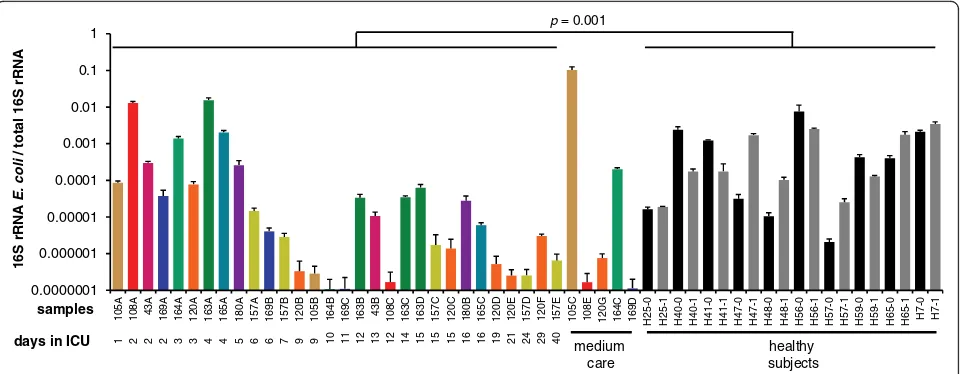 Fig. 2 Abundance of E. coli in the gut microbiota of ICU patients and healthy subjects
