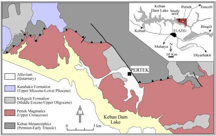 Figure 1. Location map of the study area and Geological map of the Pertek granitoid (simplified) [21]