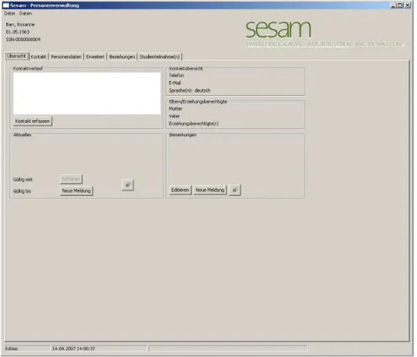 Figure 5.4: The main window of the sesam Subject Management application displaying a study subject