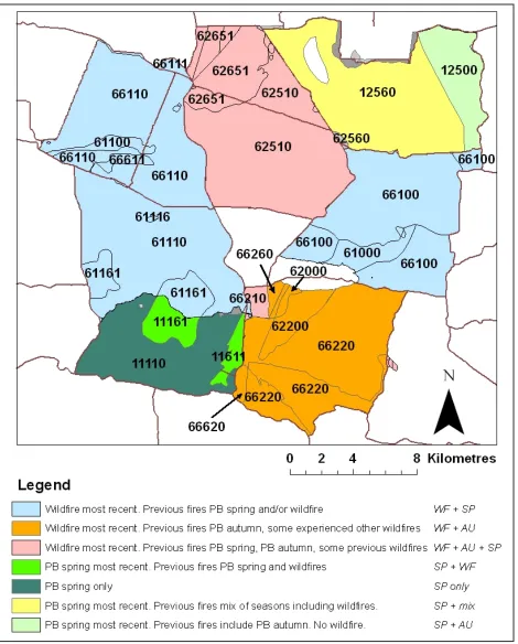 Figure 7.  Polygons in the study area labelled with the five-digit fire season sequences (from column SEAS_SEQ in GIS)