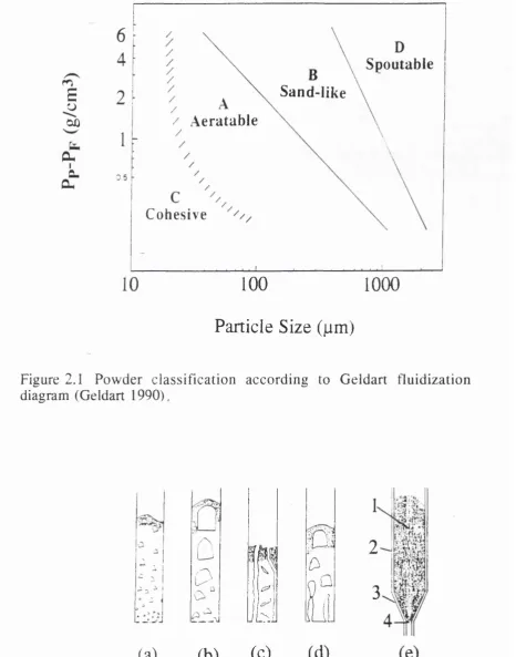Figure 2.1 Powder classification according to Geldart fluidization diagram (Geldart 1990),