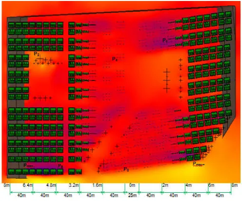 Figure 4. Enlarged Top View with Pressure Points and Contour Intervals of Simulated Urban Subdivision 
