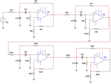 Fig. 2: Cascaded 8th order active band-pass filter 