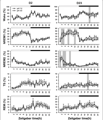 Fig. 3 Changes of 5 wake–sleep stages per hour in the light and dark periods at days 2 and 23