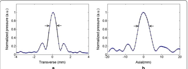 Fig. 4 Spatial distribution of normalized acoustic pressure at the focal point of 2 MHz transducer in water: transverse and a b axial directions of beam propagation (arrows represent − 6 dB bandwidth)