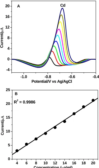 Figure 2. (A) Overlay of LSASVs at a GC/PEDOT/PSS modified electrode in acetate buffer solution (pH 4.5) fol-
