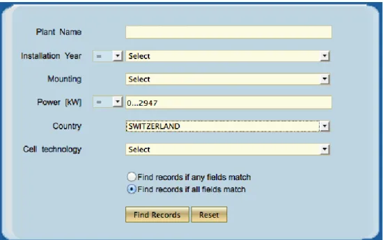 Figure 4: Filter criteria with the online database. 