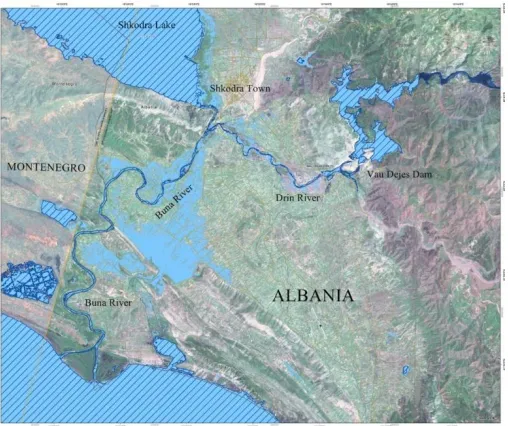 Fig. 1. Satellite image of the Drin and Buna rivers and the northwestern flood plain: 1) Komani dam,  2) Vau-Deja dam, 3) Shkodra town, 4) Shkodra Lake, 5) Drin River, 6) Buna River