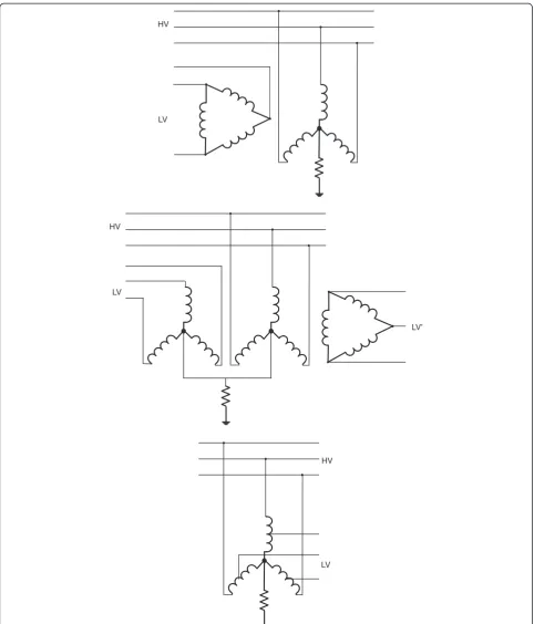 Figure 10 Resistance structures. Resistance structures of (top) two-winding transformers, (middle) three-winding transformers, and (bottom)autotransformers connected to three-phase high-voltage (HV) and low-voltage (LV and LV') transmission lines at the substations.