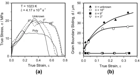 Fig. 8. (a) Dynamically nucleated grains at a 64° tilt boundary in copper bicrystals after deformation at 923 K and 4.2  10 4 s 1 [60]