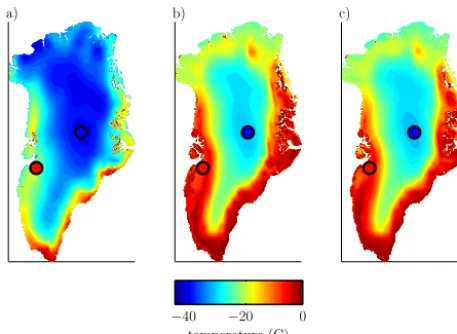 Figure 2. 30-year climatological annual average surface tempera-ture ﬁelds for the LGM (a), MHO (b) and preindustrial (c) end-member climate states