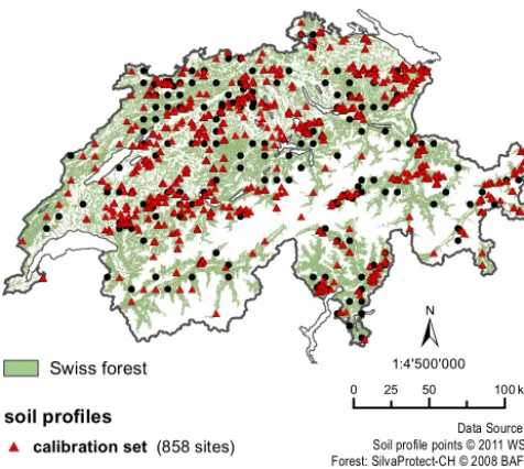 Figure 2. Locations of the 1033 soil proﬁles and Swiss forest area(subdivided into calibration and validation sets).