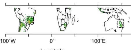 Figure 2. Spatial distribution of the regions (dashed rectangles)used in this study overlaid on a map of the distribution of sugar-cane growing areas indicated in green.