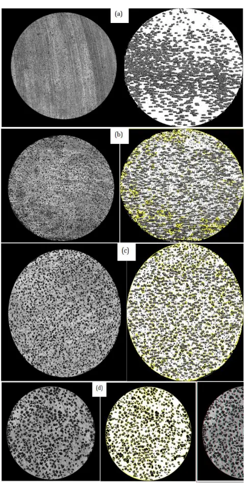 Figure 4-10: Pores size and count measurement using the Imagej algorithm on nominal 55% scaffolds (a) 45-106µm,  (b) 106-212µm, (c) 212-300µm and (d) 300-500µm 