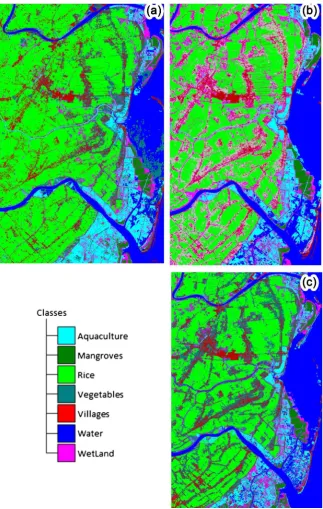 Figure 6. Random Forest Classification by Time series stacking of Sentinel-1 and Landsat 8 images (a) 2016; (b) 2017; (c) 2018
