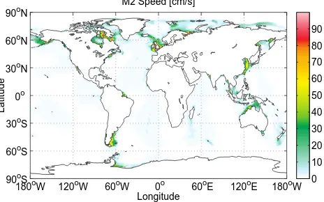 Fig. 18. M2 tidal speed map (cms−1). High speed is mainly locatedin shallow shelf regions, including some Arctic and North Atlanticcoastal regions.Fig