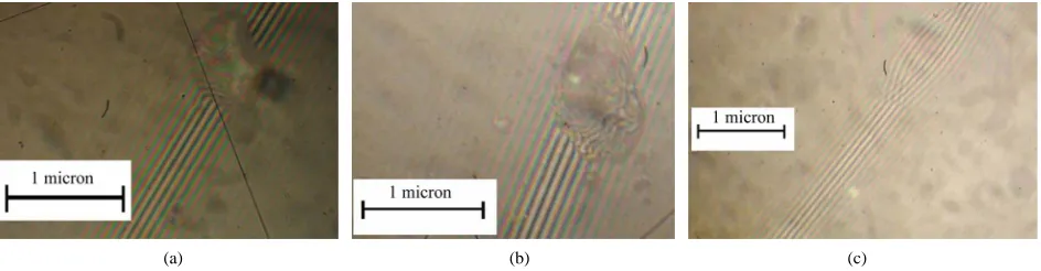 Figure 2. Photo of surface of 4H SiC with 3D defect taken by interference microscope: (a)—the surface of SiC crystal before etching; (b)—after etching during 5 - 6 hours (before the diffusion process); (c)—after secondary etching during 5 hours for formati