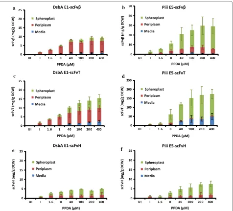 Fig. 3 Performance of different signal peptide-scFv pDEST from shake flask expression at 30 °C, 14 h post induction
