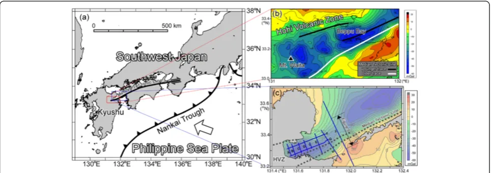 Figure 1 Index maps of the study area. (a)Bouguer density is 2,670 kg/m Tectonic elements around southwest Japan
