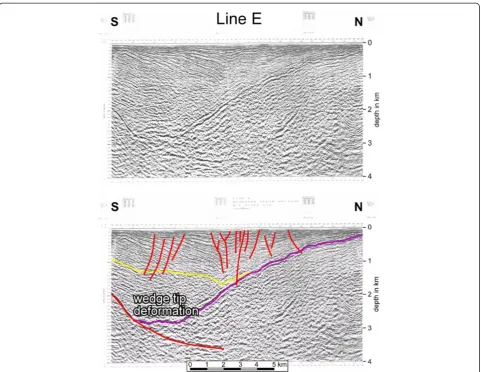 Figure 3 Typical structural features on N-S seismic lines in Beppu Bay (line E) (top, raw section; bottom, interpreted)